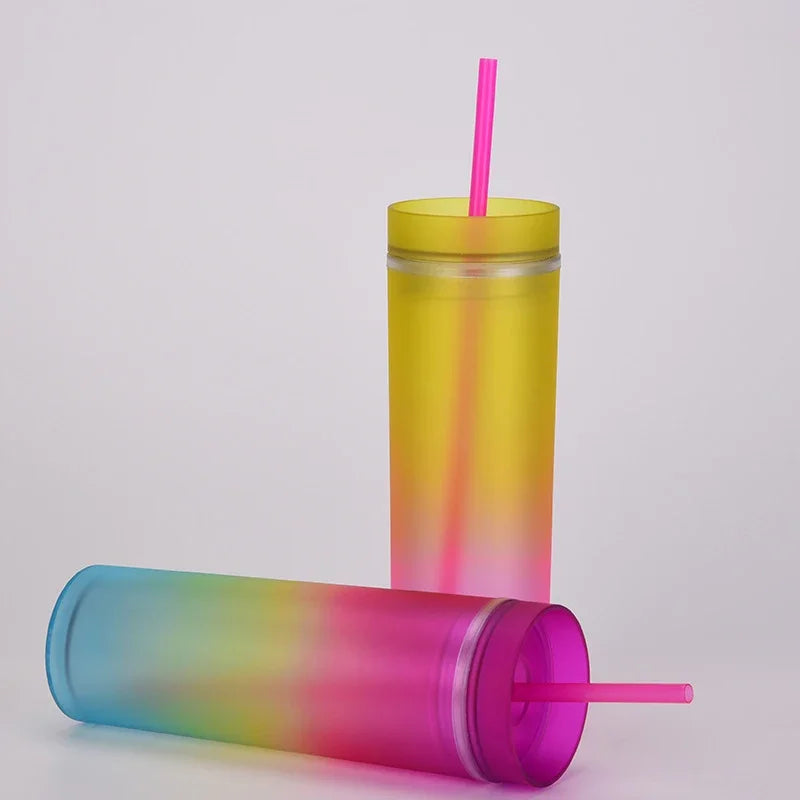 Cravinc 16oz Rainbow Gradient Skinny Tumbler with Straw