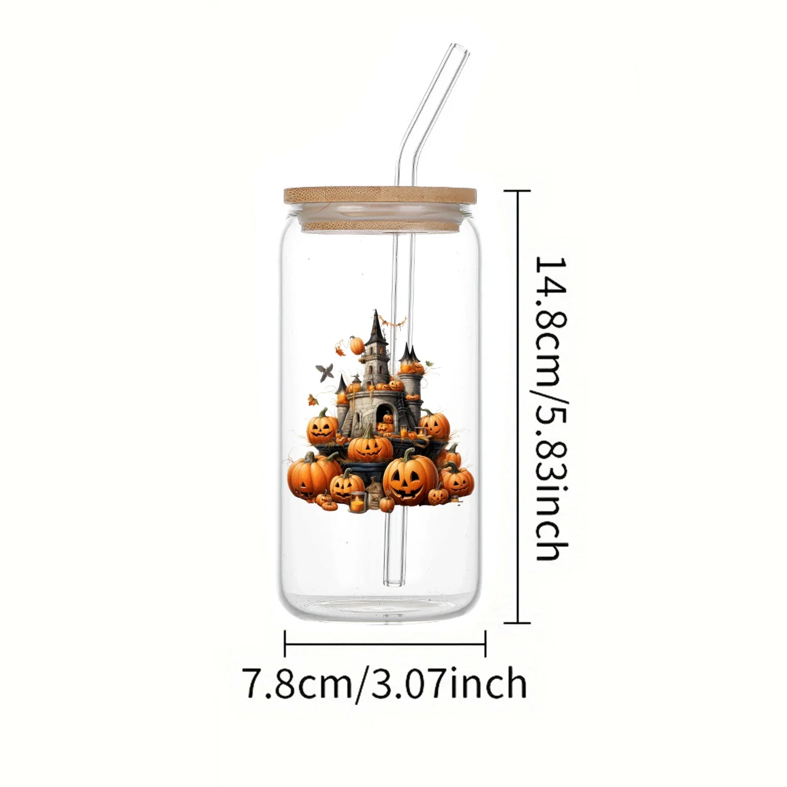 Cravinc 16oz Pumpkin House Glass Cup with Bamboo Lid & Glass Straw - Halloween Edition