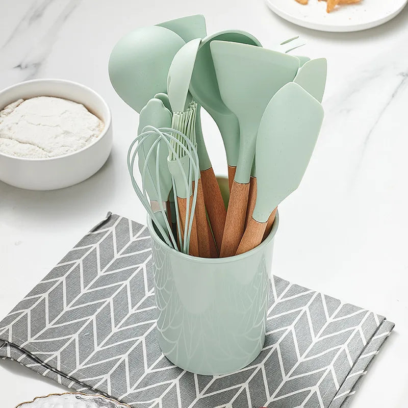 Cravinc 12-Piece Silicone Kitchen Utensils Set with Wooden Handles