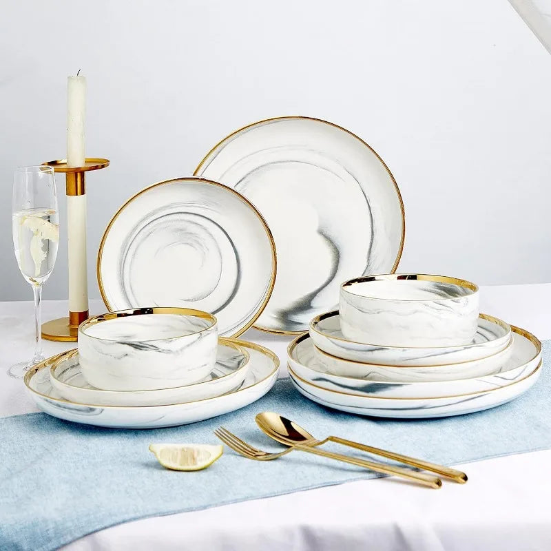 Cravinc 12-Piece Gold Splash Marble Porcelain Dinnerware Set for 4