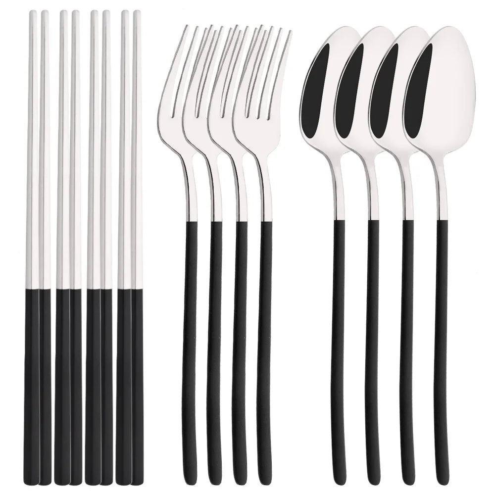 Cravinc 12Pcs Luxury Stainless Steel Cutlery Set in Mirror Black Silver