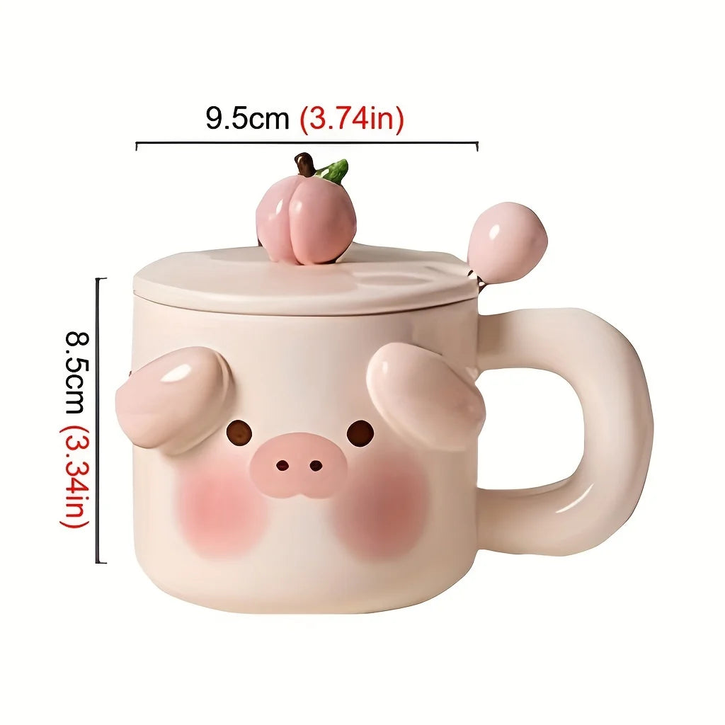 400ml Cravinc Pig Coffee Mug with Lid, Spoon | Cute Creative Breakfast Cup Gift for Home Office