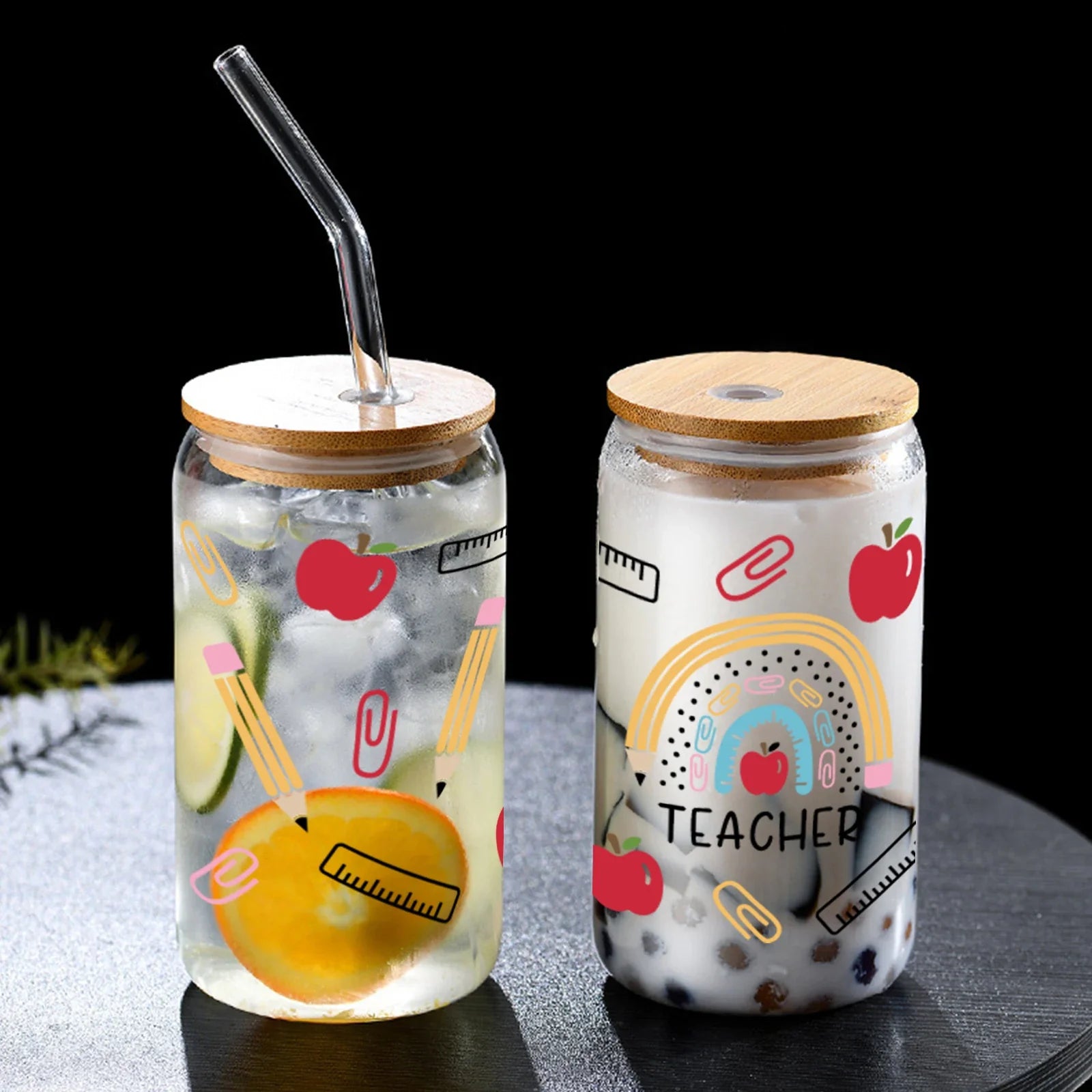 Cravinc 16oz Glass Can with Bamboo Lid & Straw: Teacher's Day Gift Summer Drinkware