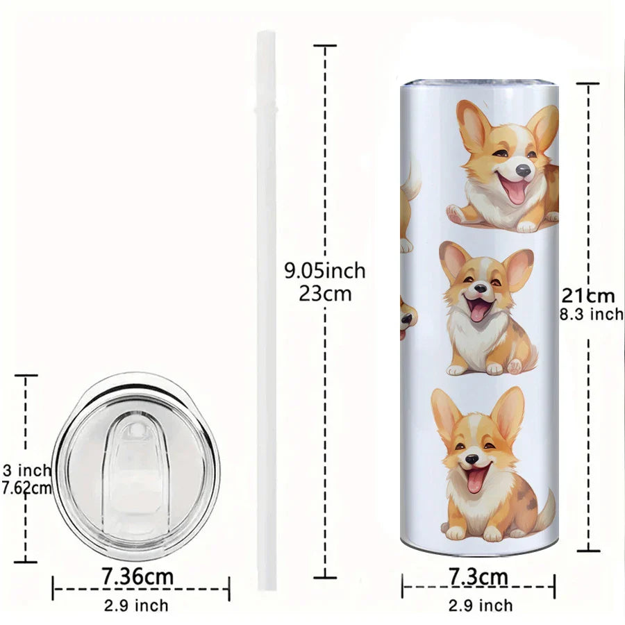 3D Corgi Puppy Stainless Steel Water Bottle with Lid and Straw by Cravinc – Cute and Durable!