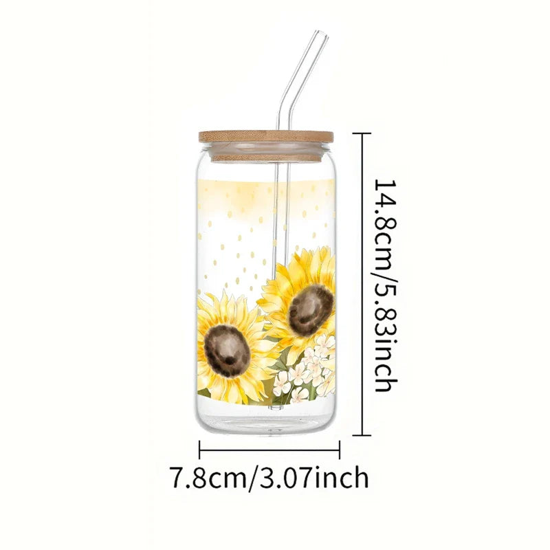 Cravinc 16oz Sunflower Glass Mason Jar with Bamboo Lid & Straw