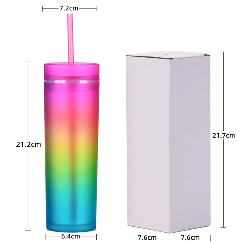 Cravinc 16oz Rainbow Gradient Skinny Tumbler with Straw