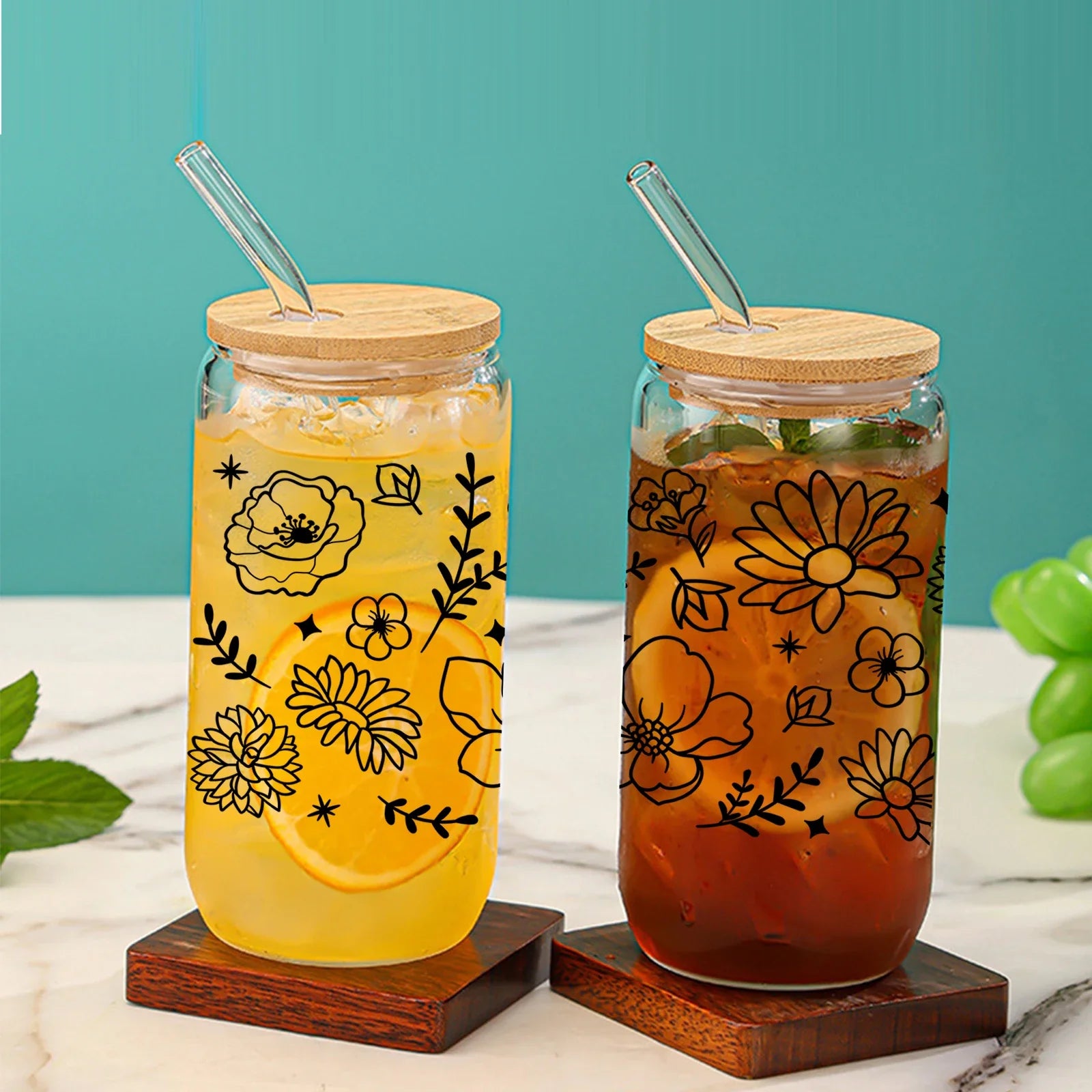 Cravinc 16oz Clear Glass Can with Bamboo Lid and Straw - Black Flowers - Hot/Cold Drinks