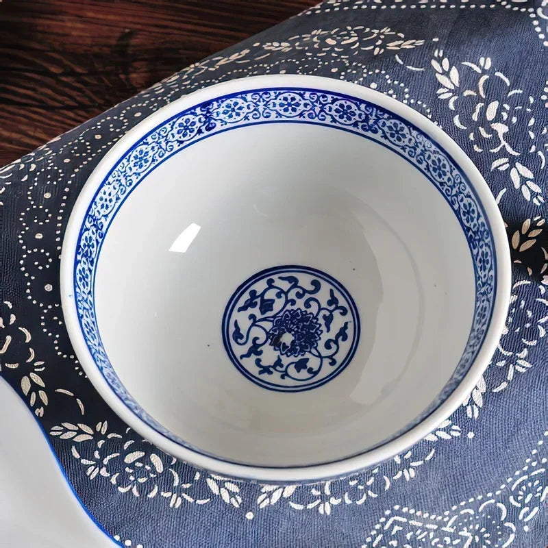 Cravinc 10-Inch Blue and White Porcelain Bowl, Japanese Bone Tableware