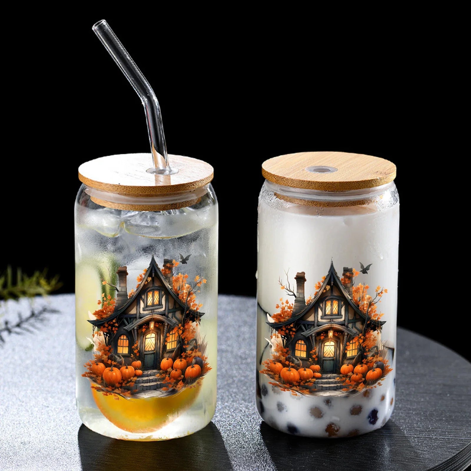 Cravinc 16oz Pumpkin House Glass Cup with Bamboo Lid & Glass Straw - Halloween Edition