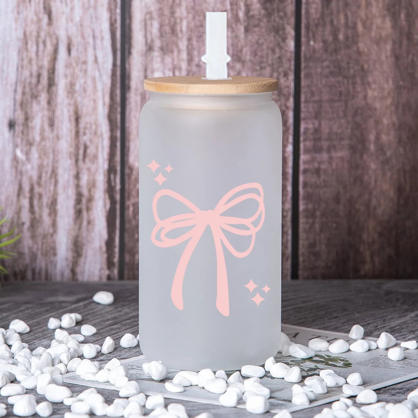 Cravinc 16oz Pink Bow Glass Bottle with Bamboo Lid & Straw