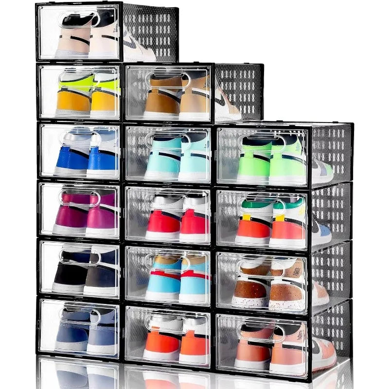 Cravinc 15 Pack Clear Plastic Stackable Shoe Storage Boxes with Magnetic Door