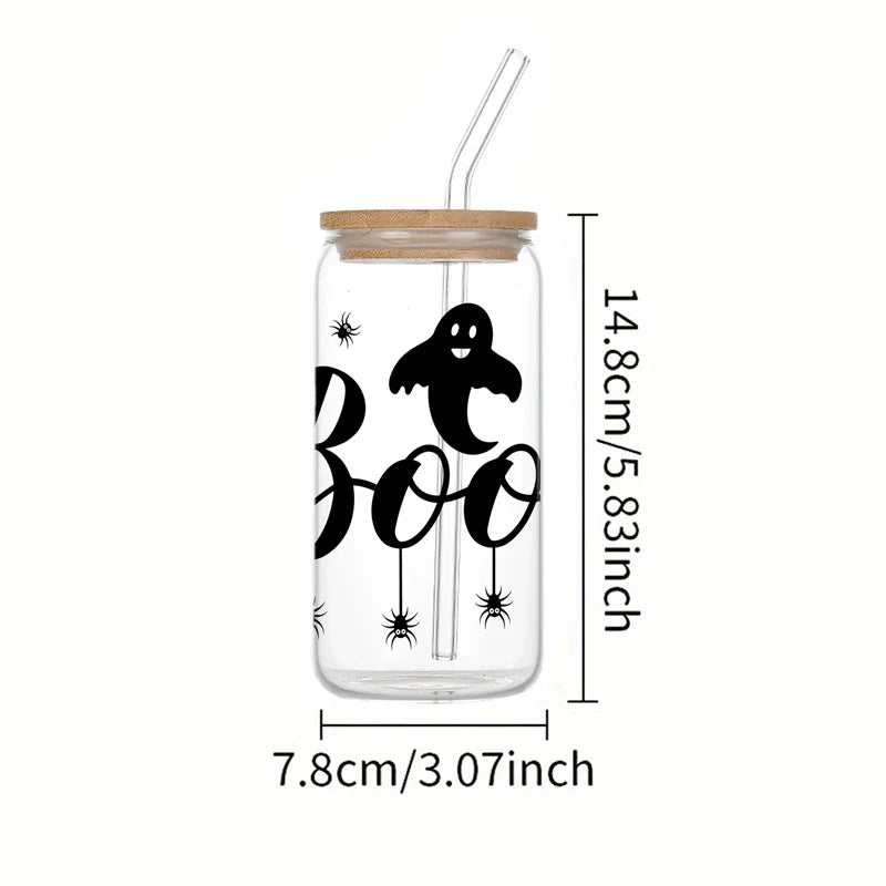 Cravinc 16oz Spider Web Glass Cup with Bamboo Lid & Straw for Halloween Gifts