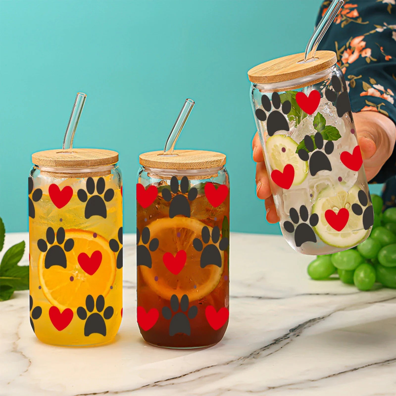 Cravinc 16oz Cute Cat Paw Glass Cup for Summer Drinks