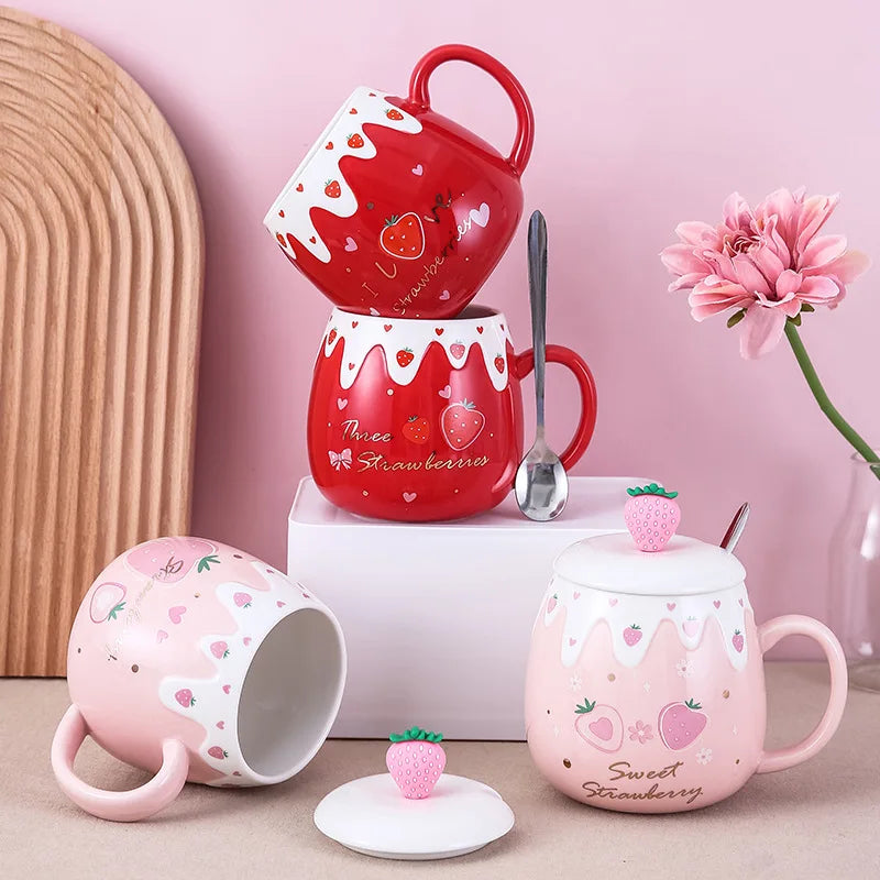 450ml Cravinc Strawberry Ceramic Cup with Lid & Spoon - Cute Gift, Easy to Clean