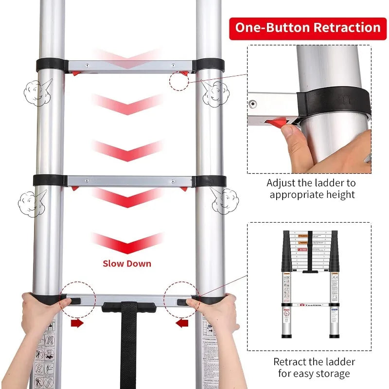 Cravinc 12.5FT Telescopic Aluminum Extension Ladder, One Button Retraction, Soft Close Design.