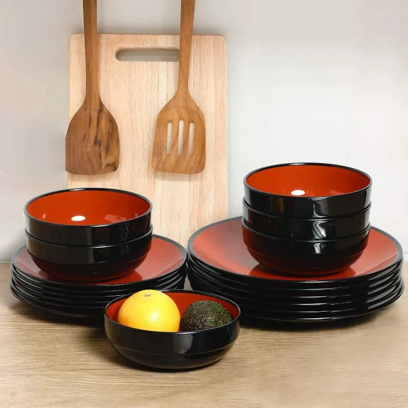 Cravinc 18-Piece Melamine Dinnerware Sets for 6, Red & Black