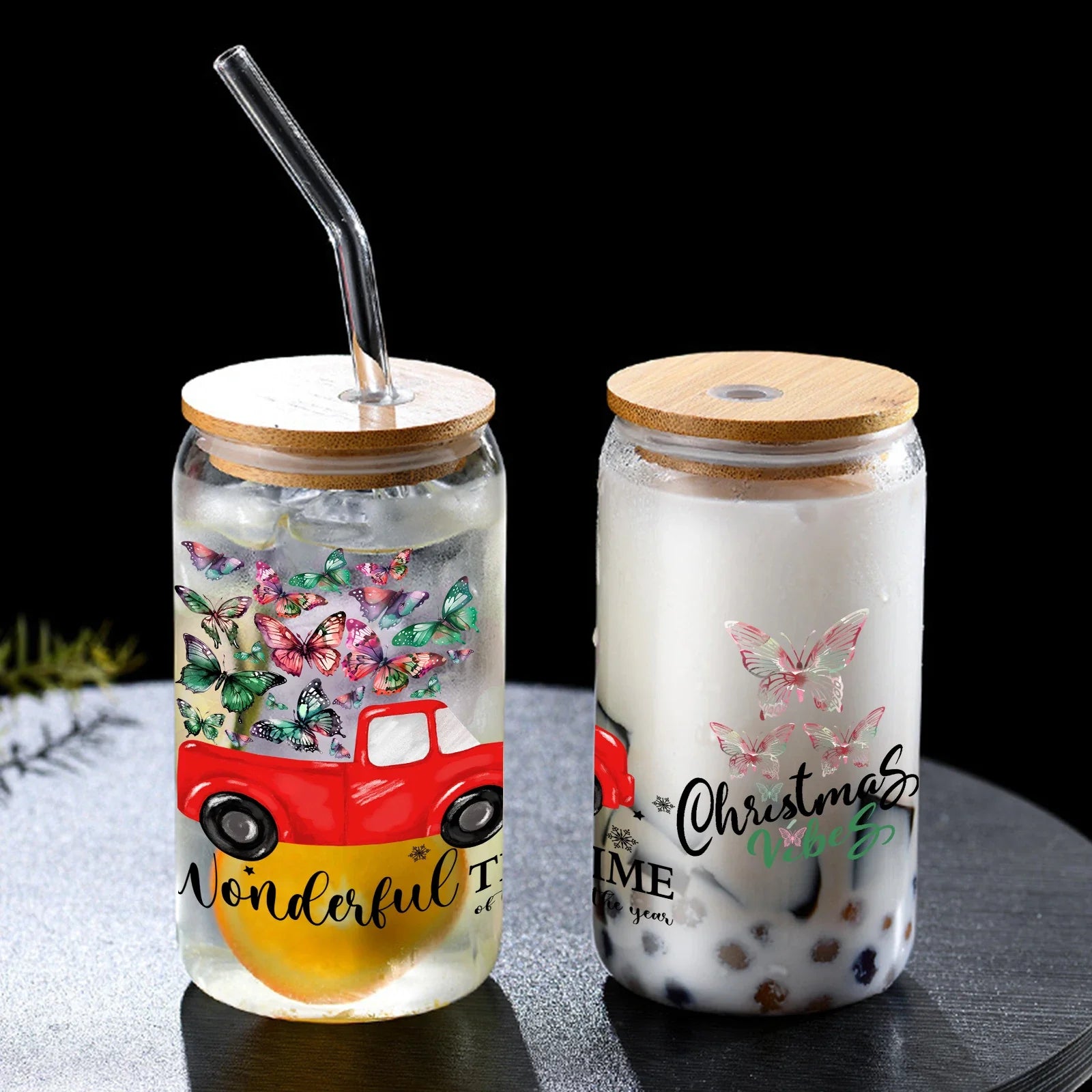 Cravinc 16oz Christmas Car Sublimation Glass Tumbler With Bamboo Lid & Straw