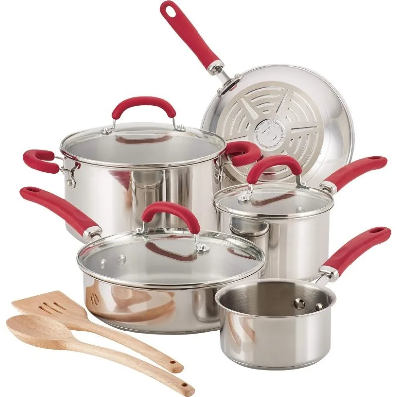 Cravinc 10-Piece Stainless Steel Cookware Set with Red Handles