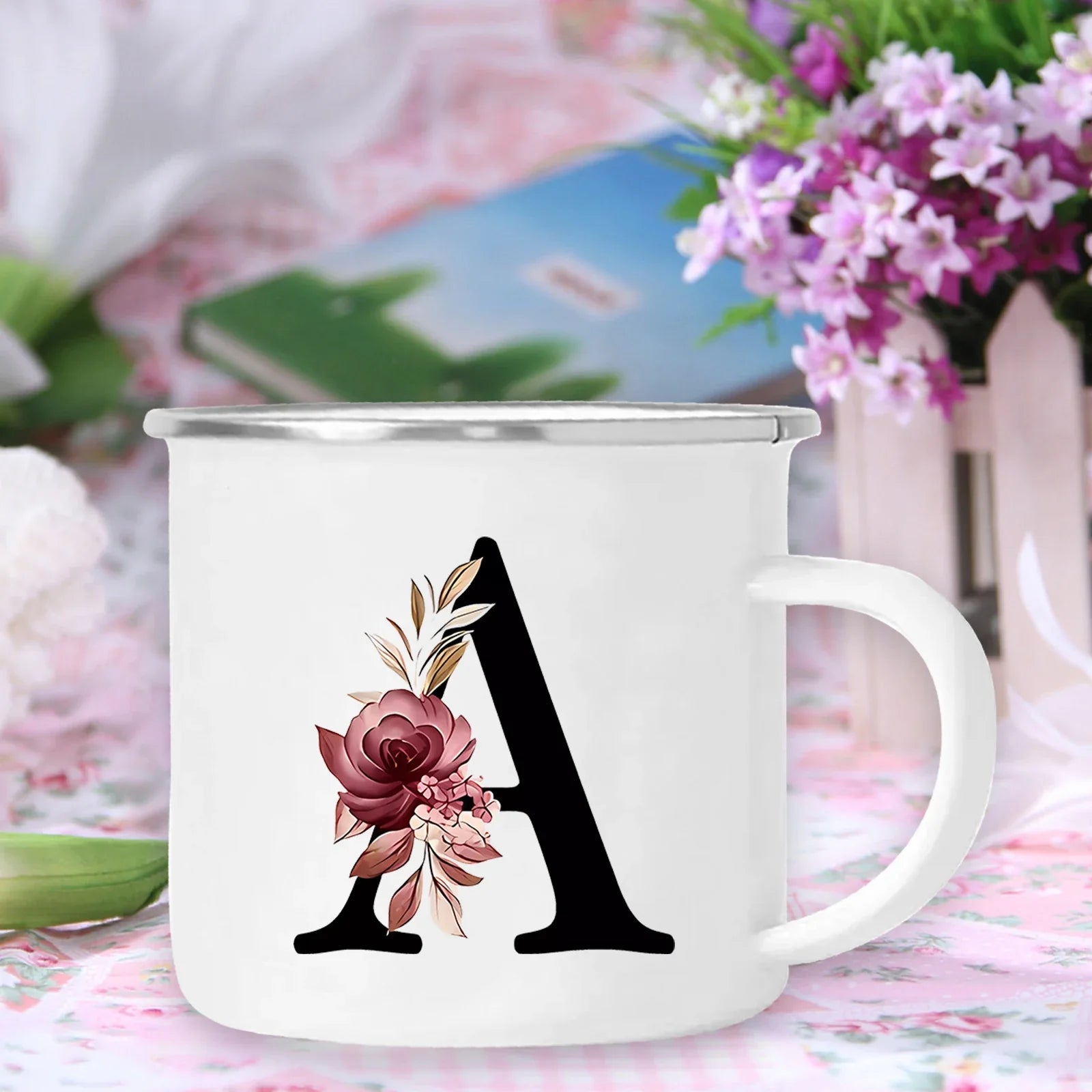 Cravinc 12oz Floral Letters Enamel Coffee Mug with Handle for Camping and Travel