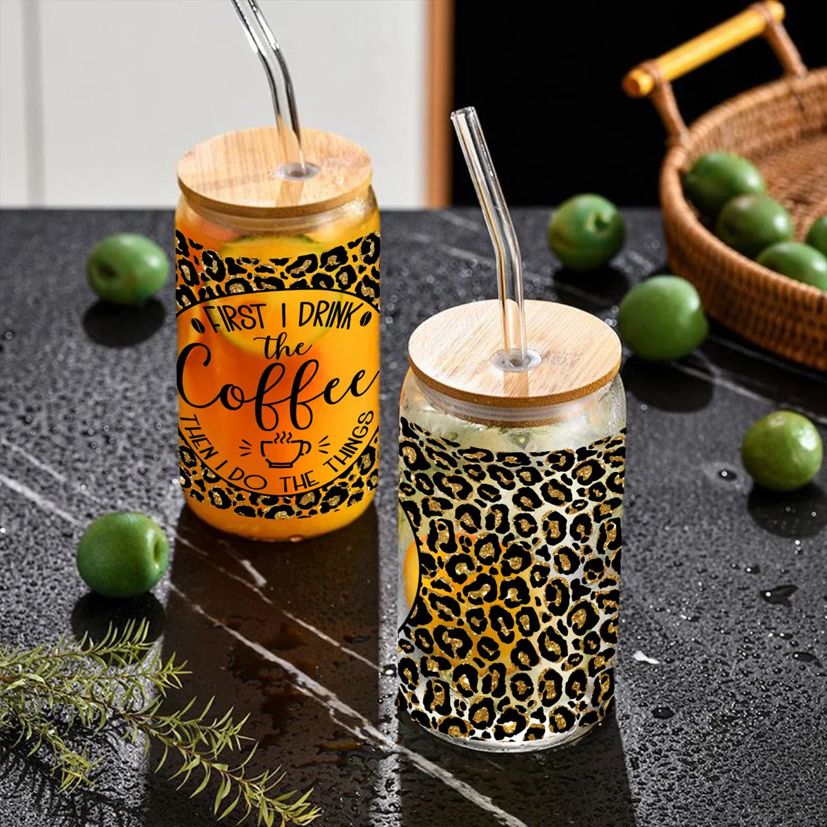 Cravinc 16oz Leopard Print Glass Bottle with Bamboo Lid & Straw - Summer Drinkware