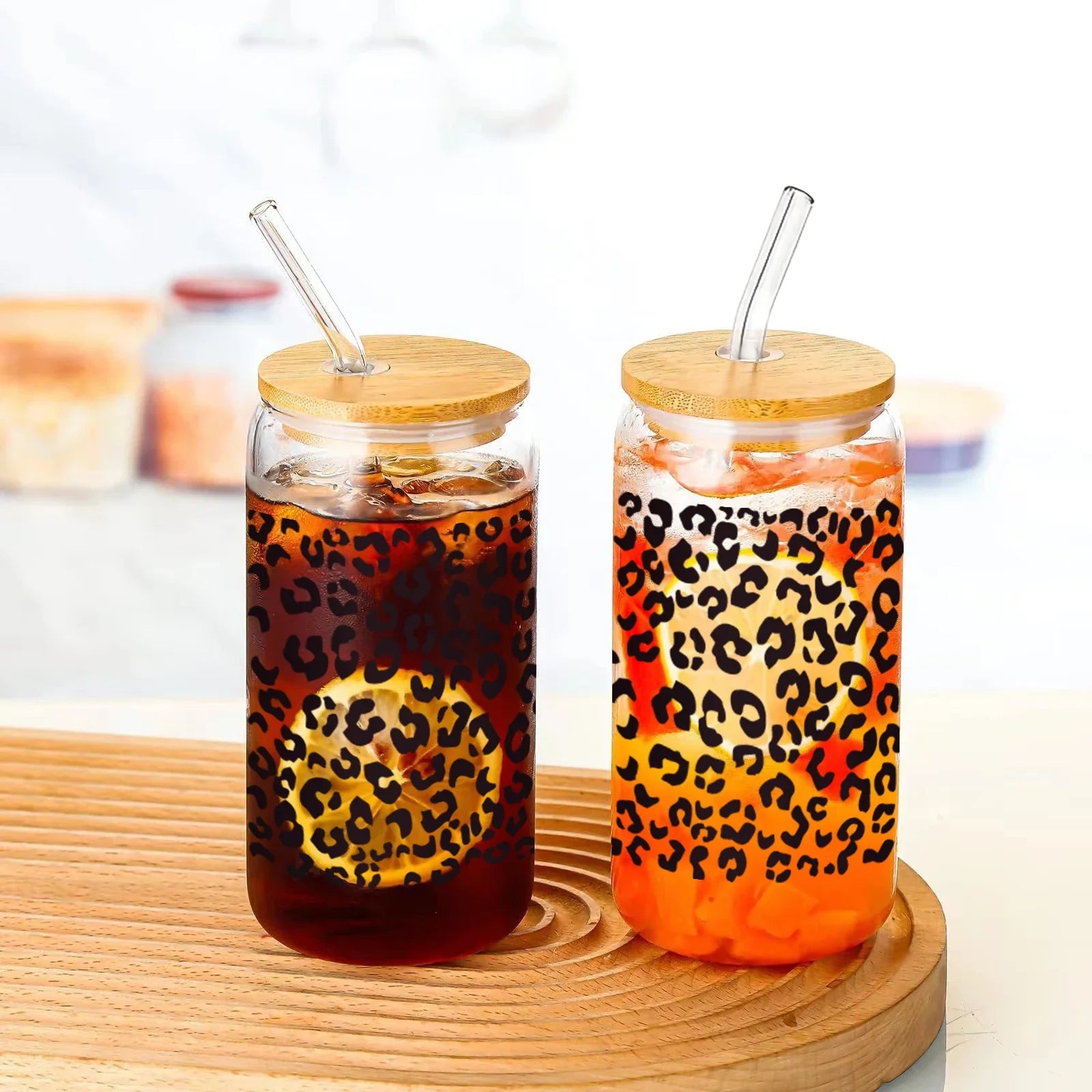 Cravinc 16oz Leopard Print Glass Bottle With Bamboo Lid