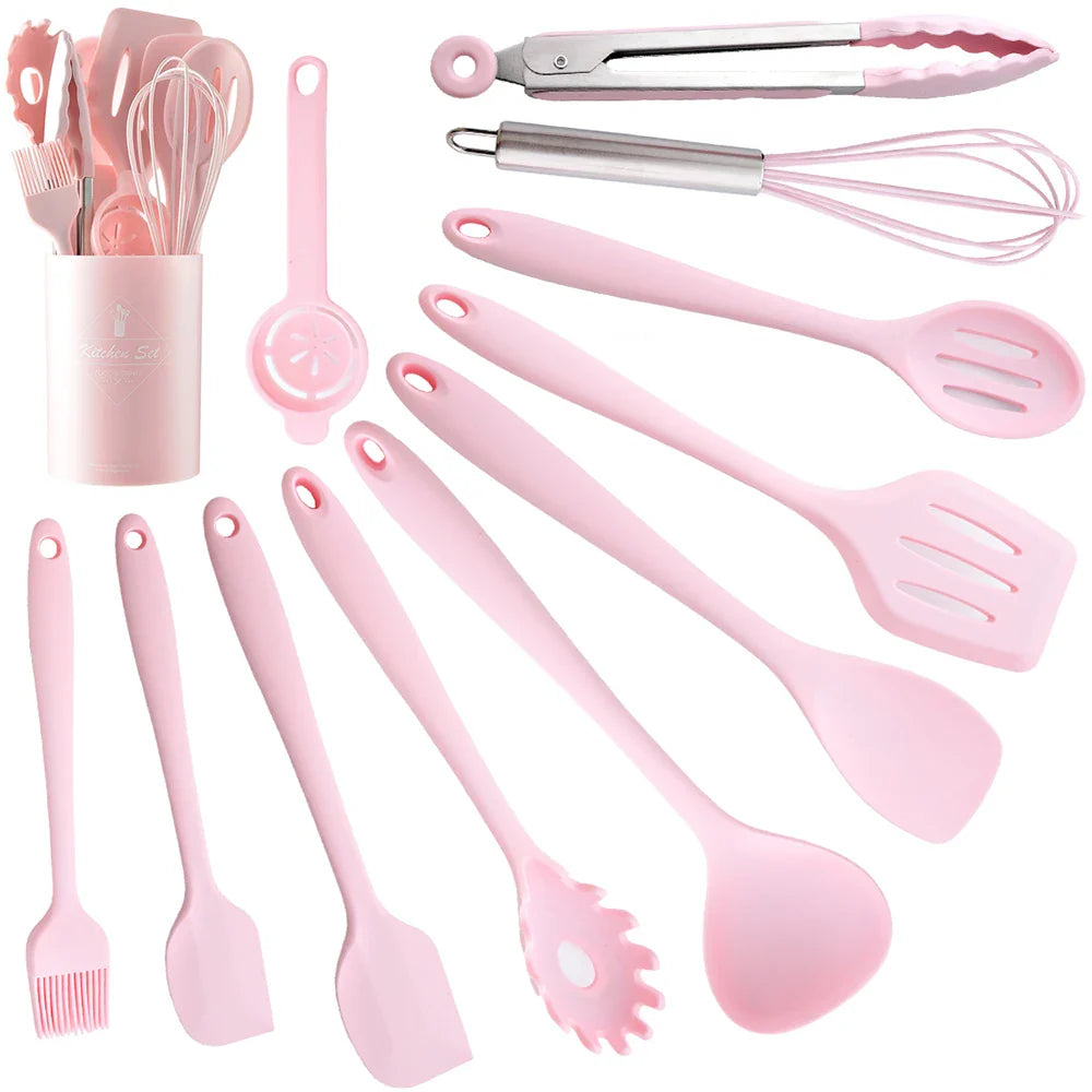 Cravinc 12-Piece Pink Silicone Kitchen Utensils Set in Branded Box