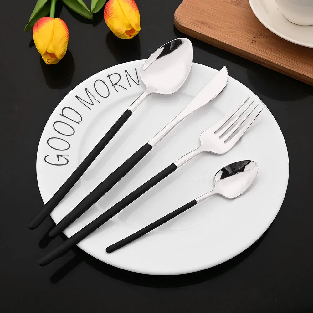 Cravinc 16-Piece Stainless Steel Black Silverware Set for Kitchen Dining