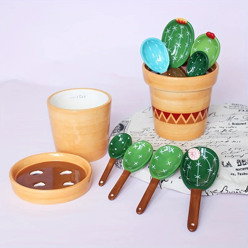 Ceramic Cactus Measuring Spoons Set with Holder Cup by Cravinc