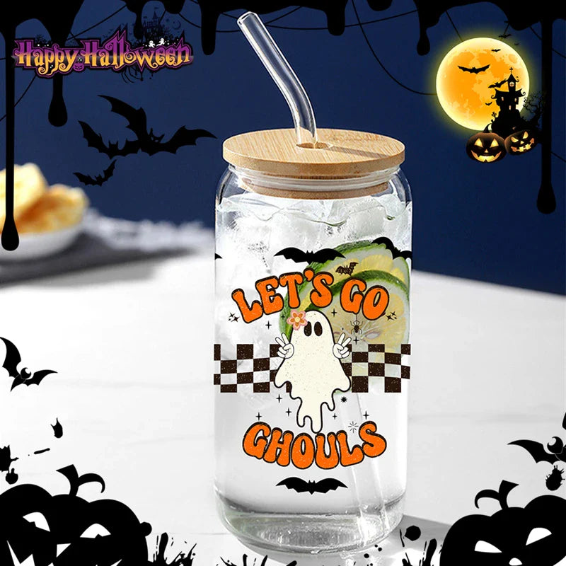 Cravinc 16oz Pumpkin Glass Cup with Bamboo Lid & Straw Heat-Resistant Halloween Gift