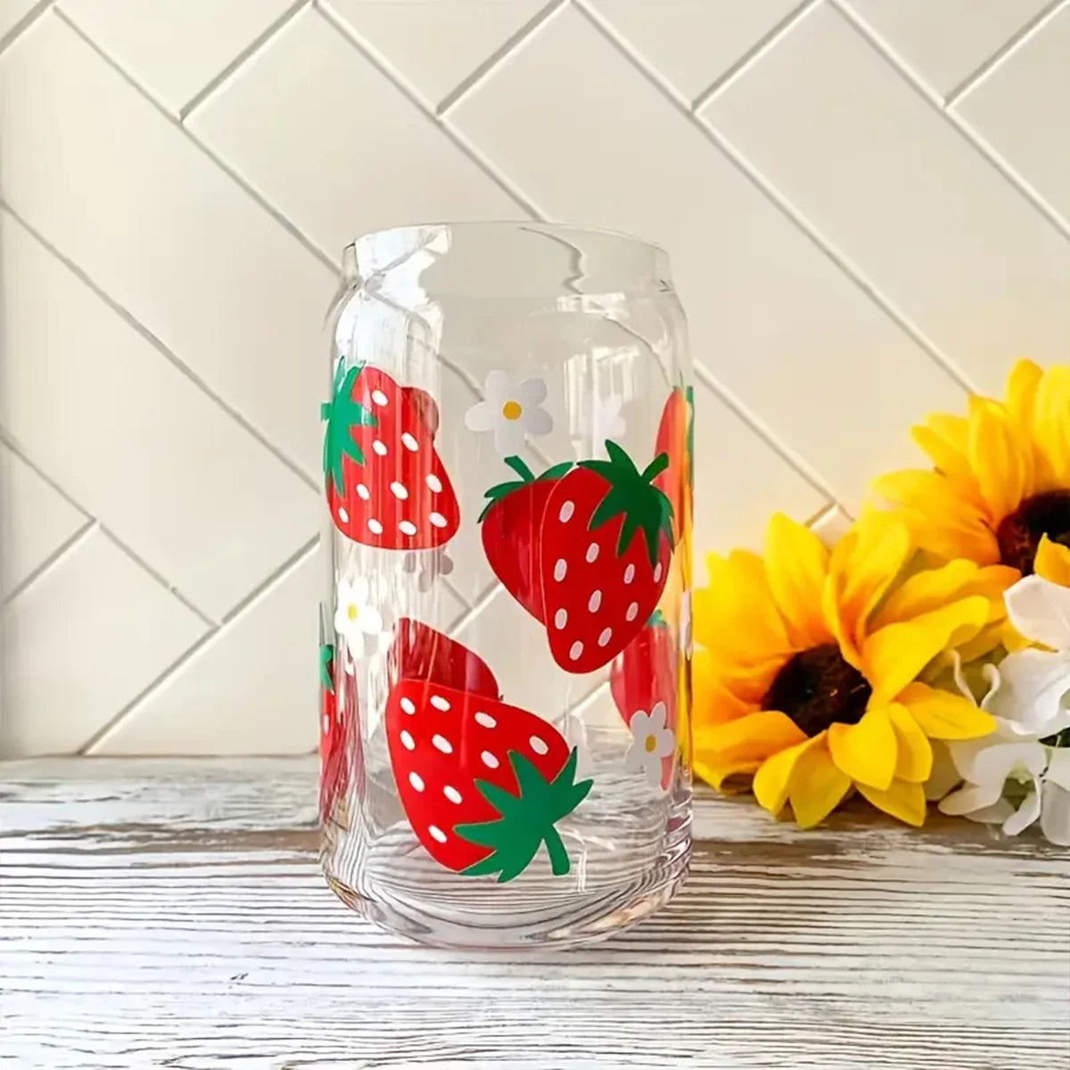 Cravinc 16oz Strawberry Pattern Drinking Glass Can With Bamboo Lid