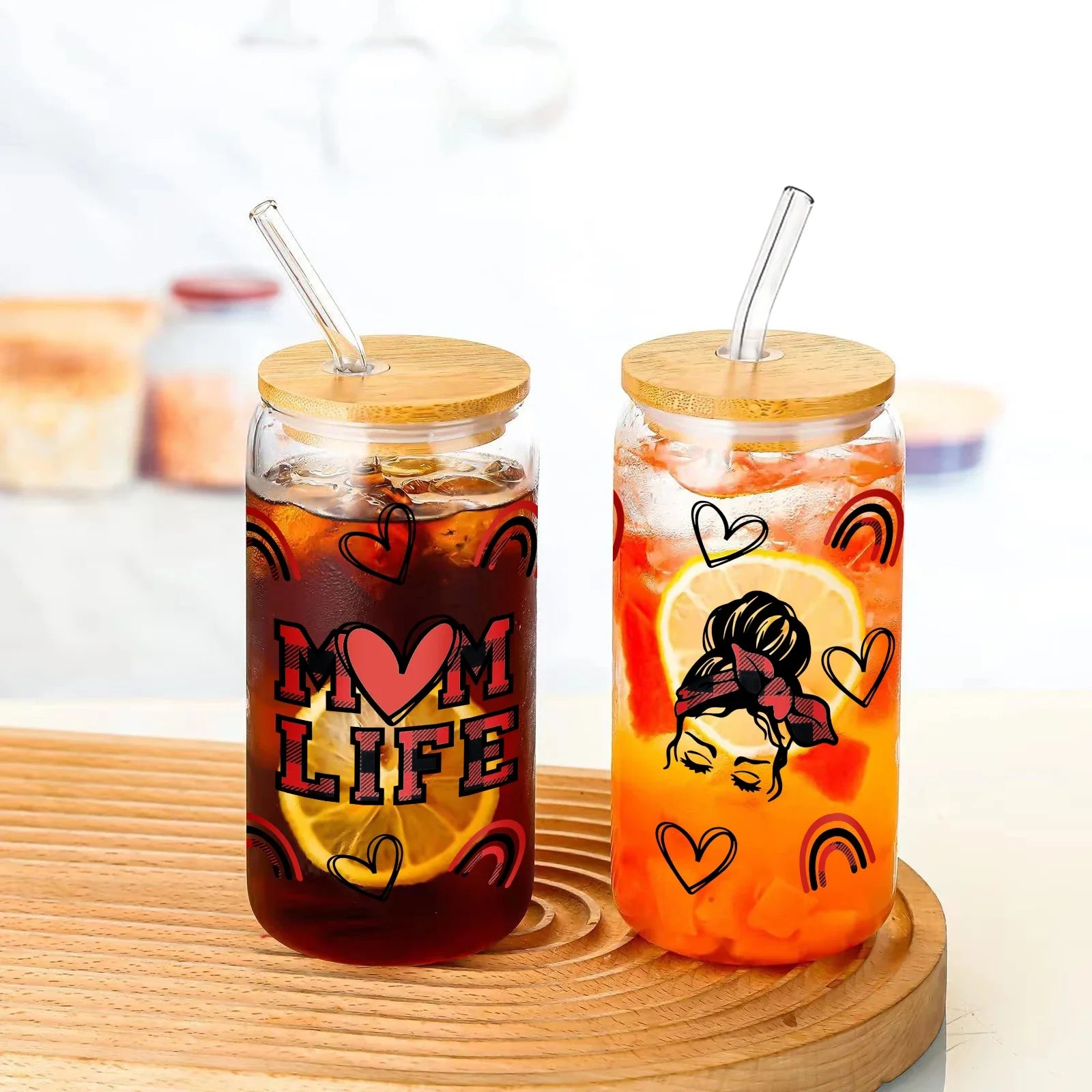 Cravinc 16oz Sublimation Glass Can with Bamboo Lid & Straw - Mother's Day Gift