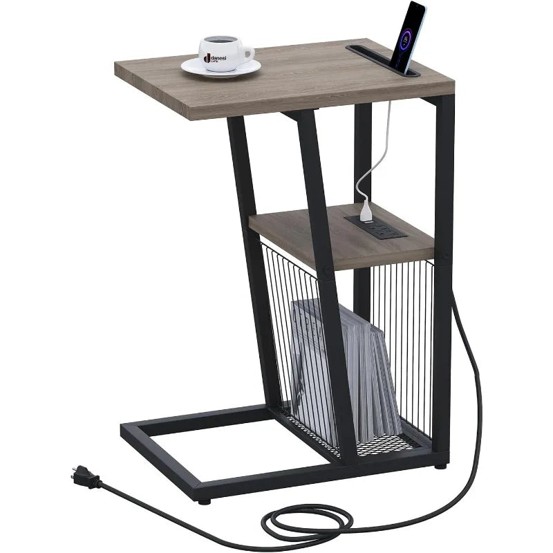 C-Shaped End Table with Charging Station, Phone Holder, 2 USB Ports and Power Outlets by Cravinc