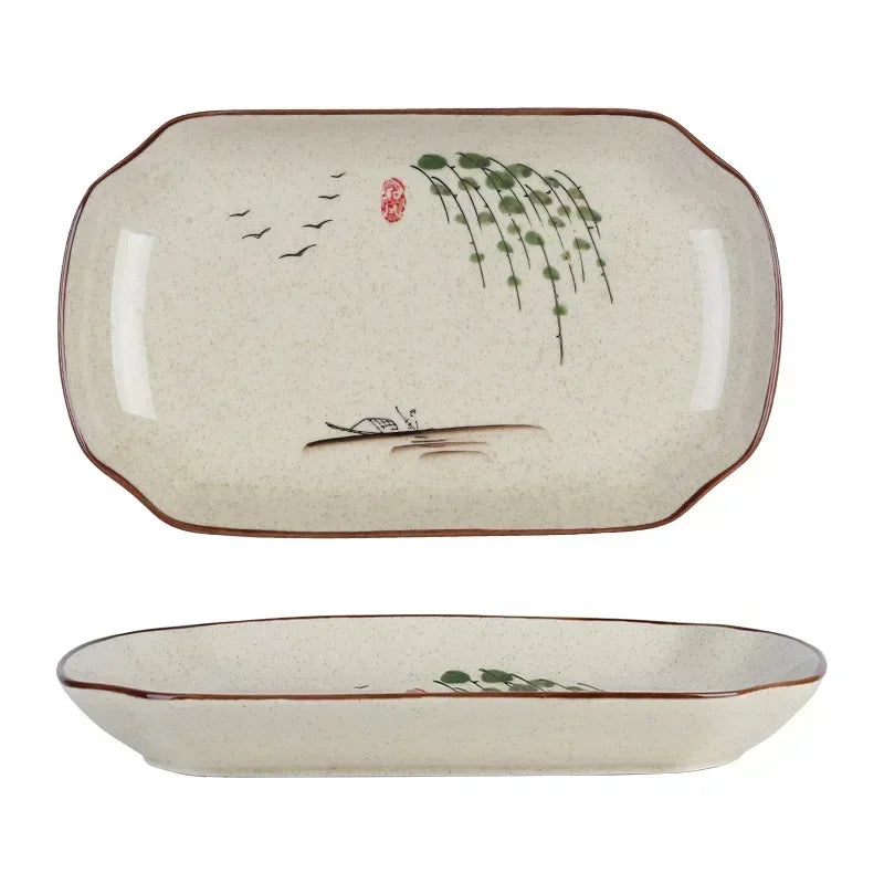 Cravinc 12 Inch Fish Plate, Japanese Underglaze Colored Ceramic Sushi Tableware