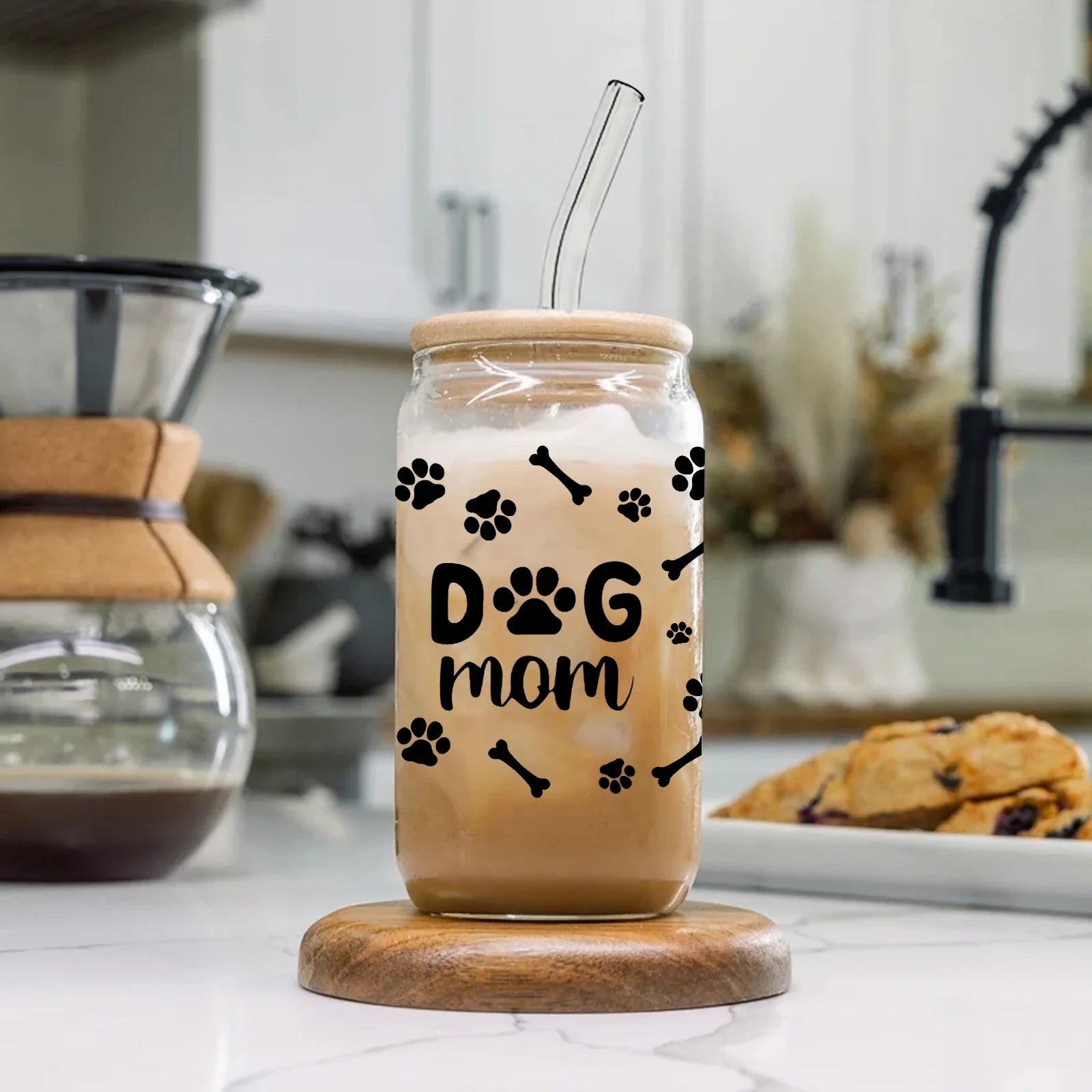 Cravinc 16oz Dog Mom Glass Cup with Lid & Straw - Perfect Gift for Dog Owners