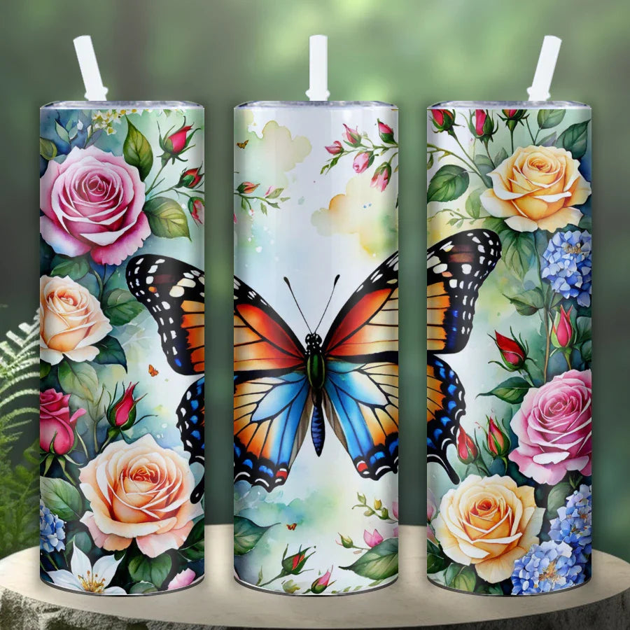 Colorful Butterfly Maple Leaf Flower Stainless Steel Water Bottle by Cravinc