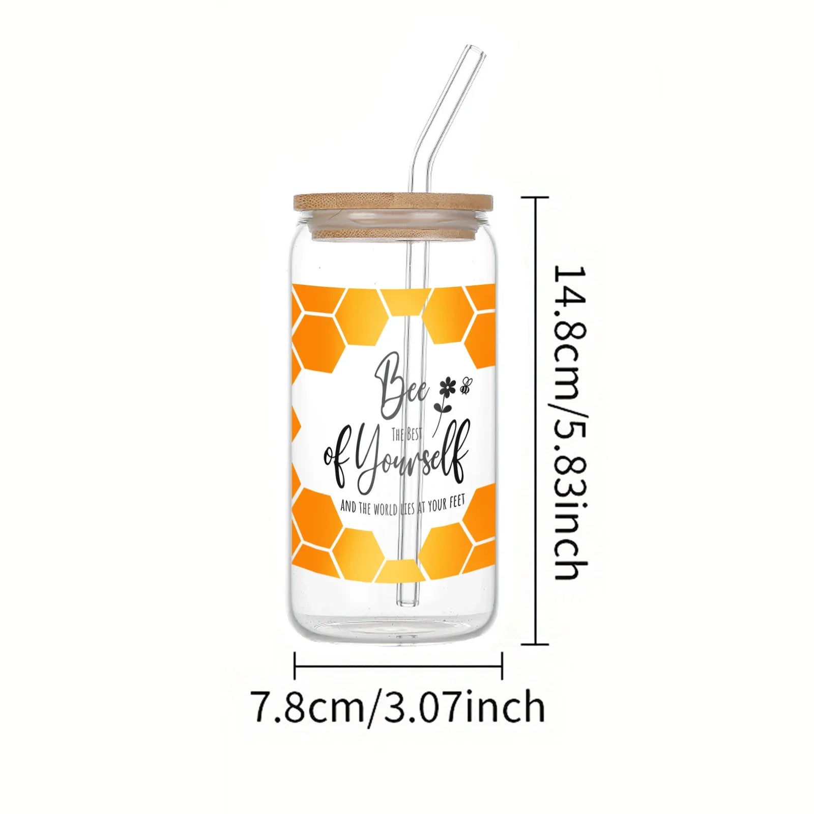 Cravinc 16oz Bee Honey Pattern Glass Cup with Bamboo Lid & Straw