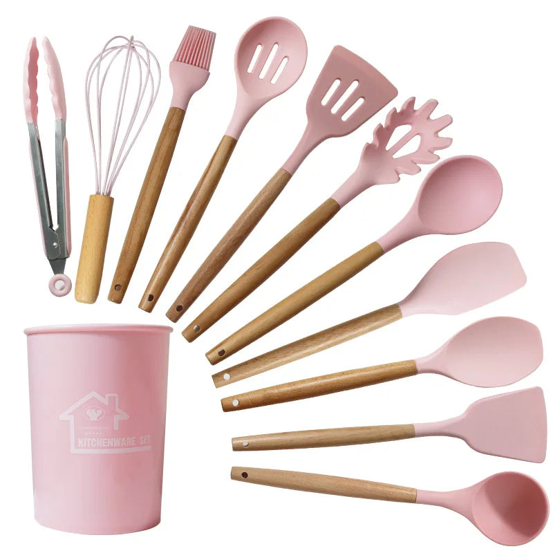 Cravinc 12-Piece Silicone Kitchen Utensils Set with Wooden Handles