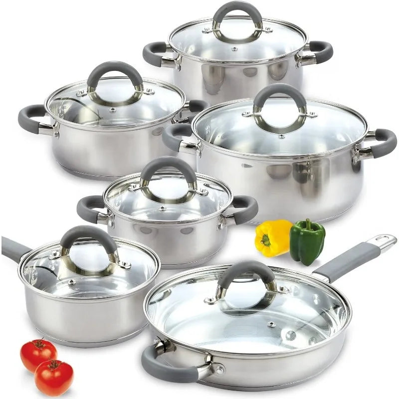 Cravinc 12-Piece Stainless Steel Cookware Set, Silver