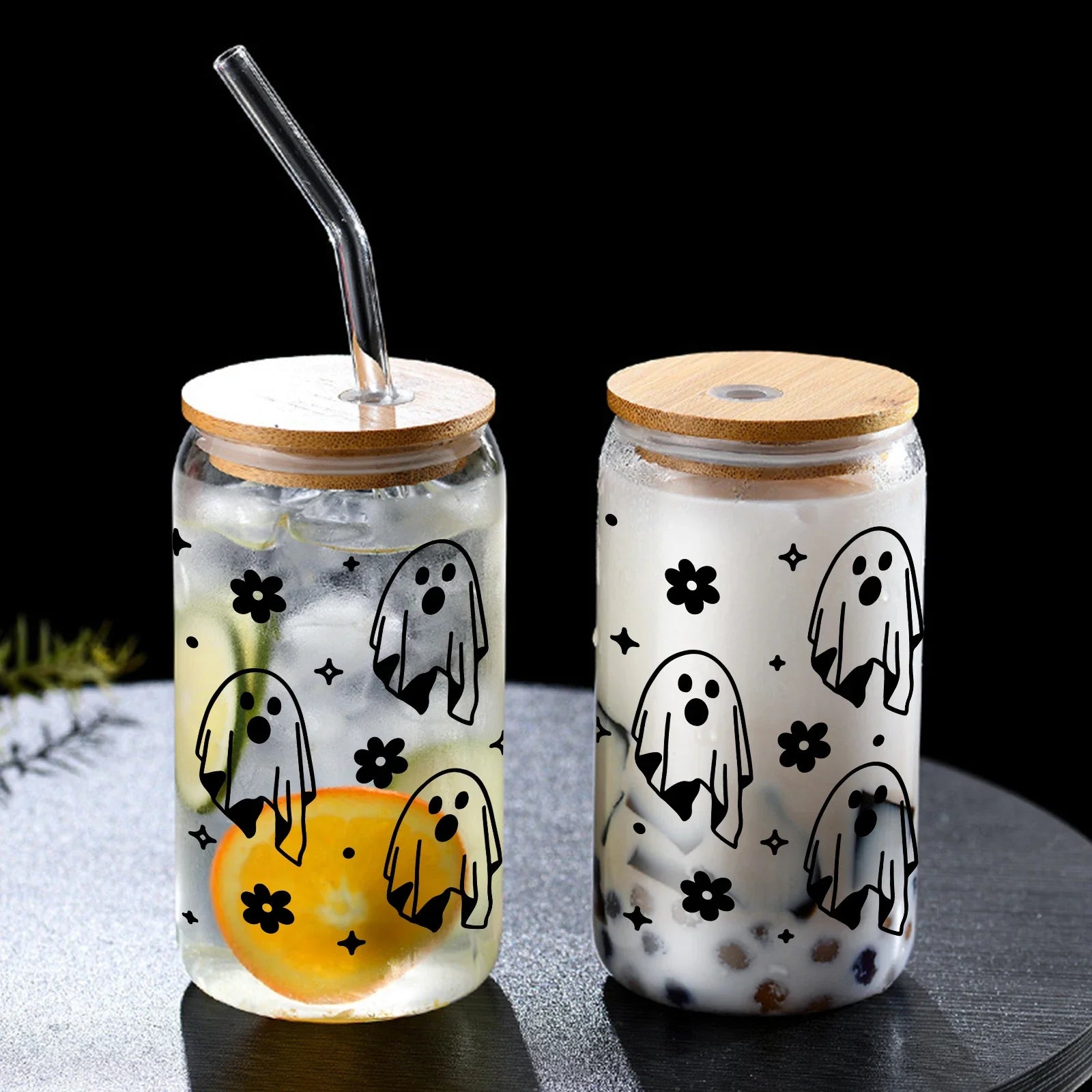 Cravinc 16oz Ghost Glass Drinkware Set with Lid, Straw - Halloween Gift