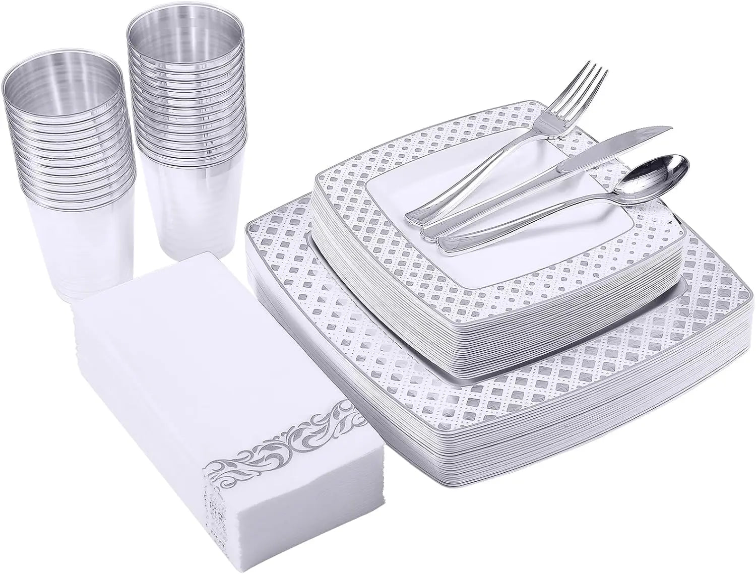 Cravinc 175-Piece Disposable Dinnerware Set for 25 Guests, Plastic Plates, Silverware, Cups, Napkins