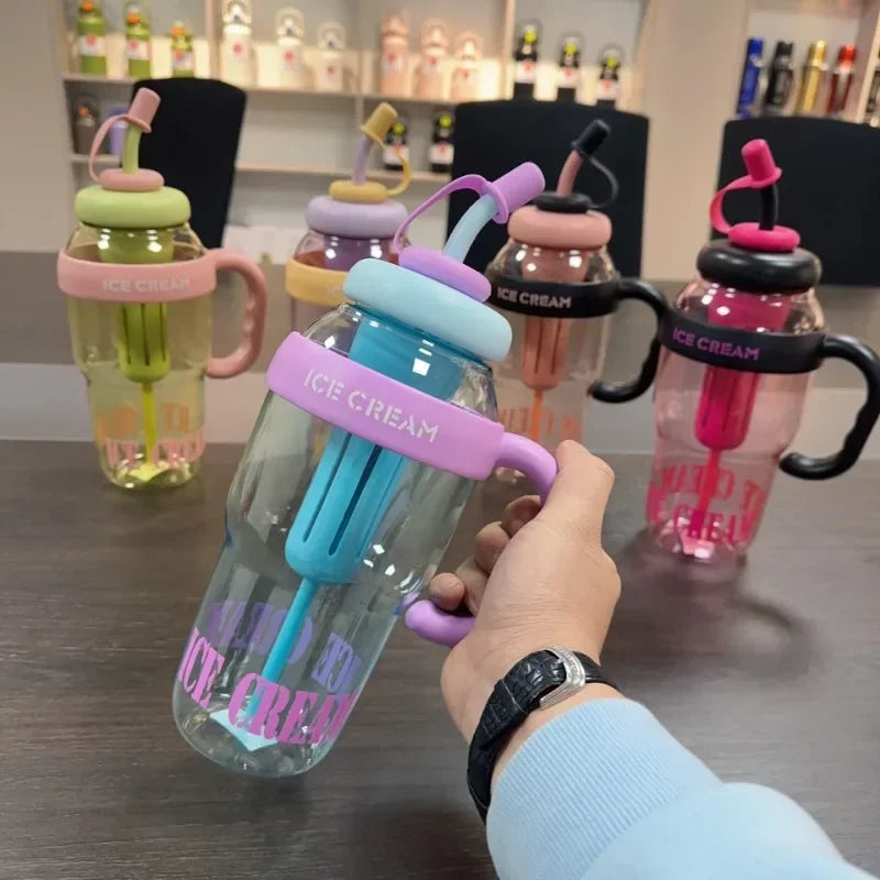 Cravinc 1300ML Lucky Belly Tea Cup with Belt Straw - Cute Summer Plastic Cup