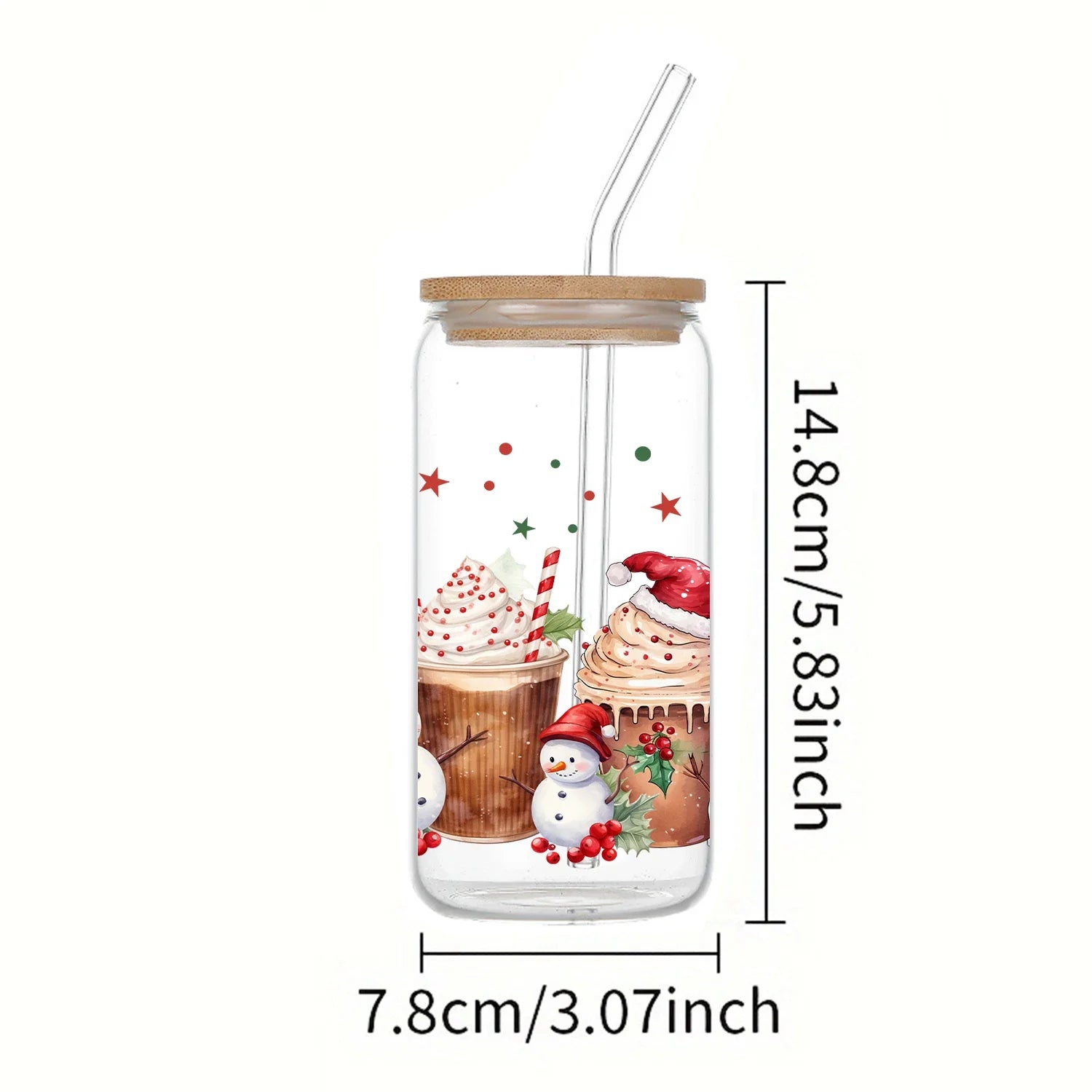 Cravinc 16oz Christmas Printed Glass Drinking Cup with Lid&Straw - Festive Gift