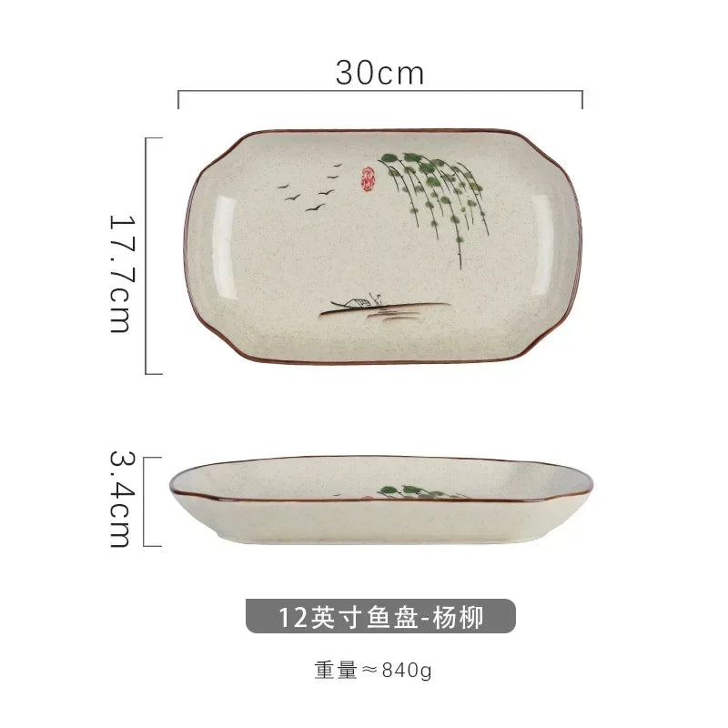 Cravinc 12 Inch Fish Plate, Japanese Underglaze Colored Ceramic Sushi Tableware