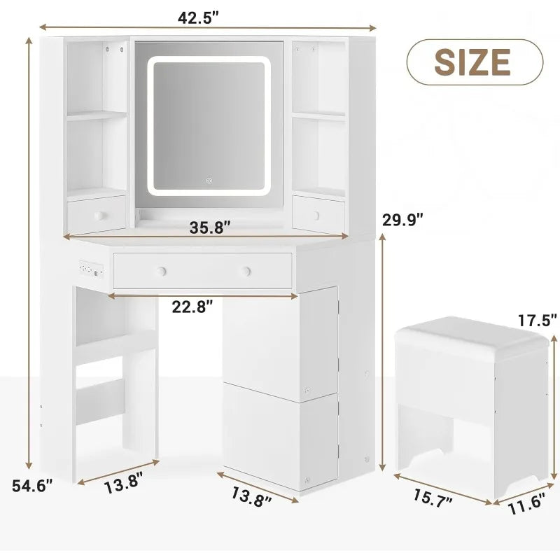 Corner Vanity Desk with Lights and Charging Station by Cravinc, Makeup Vanity Set with Mirror and Storage Stool