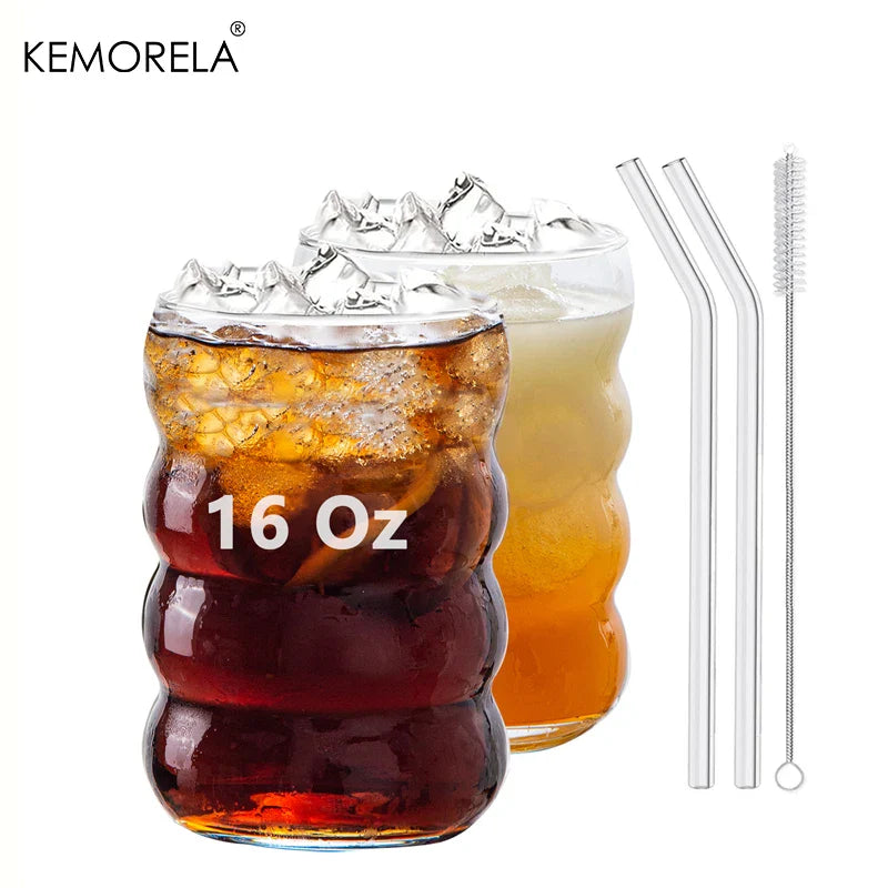 Cravinc 16oz Glass Tumbler Set with Glass Straw: 4-Piece Iced Coffee Cup Collection