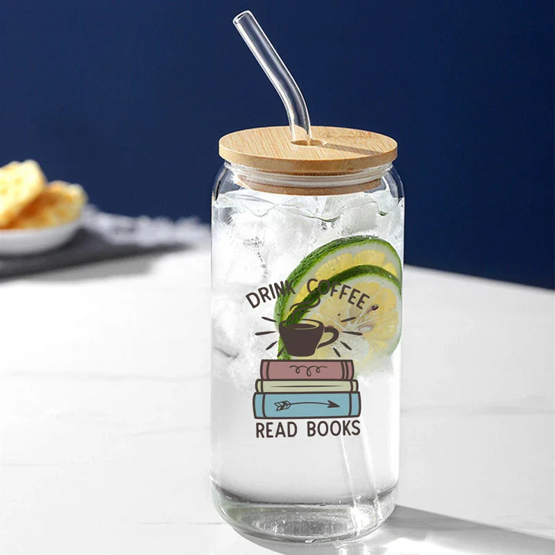 Cravinc 16oz Glass Can with Lid and Straw - Library Lover's Summer Cup