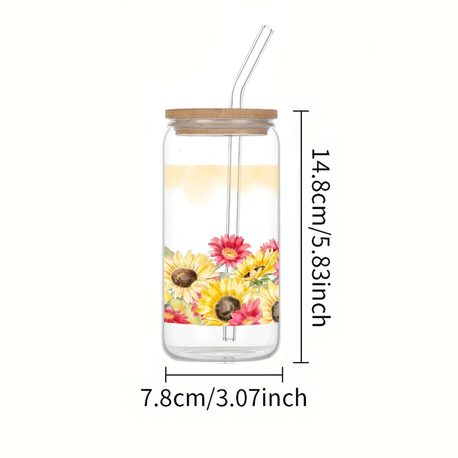 Cravinc 16oz Sunflower Glass Juice Cup with Bamboo Lid and Straw