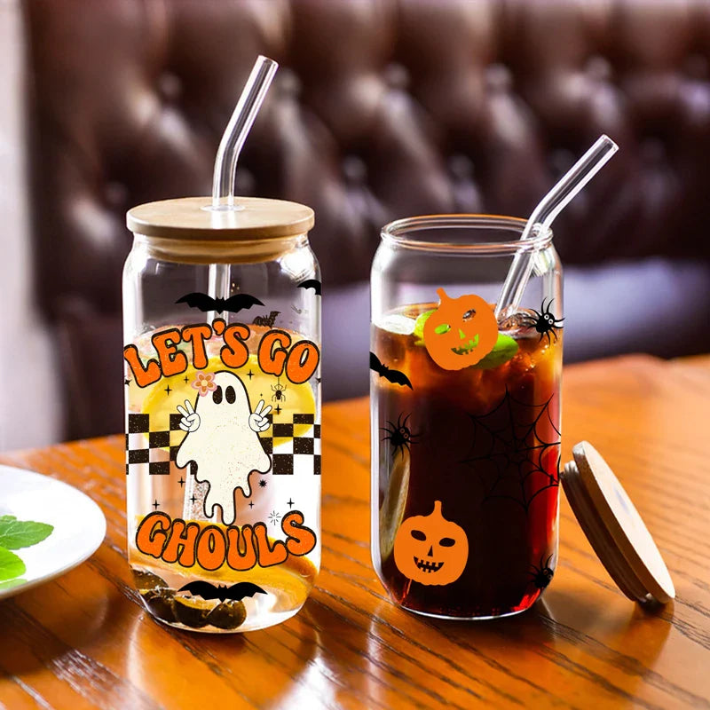 Cravinc 16oz Pumpkin Glass Cup with Bamboo Lid & Straw Heat-Resistant Halloween Gift