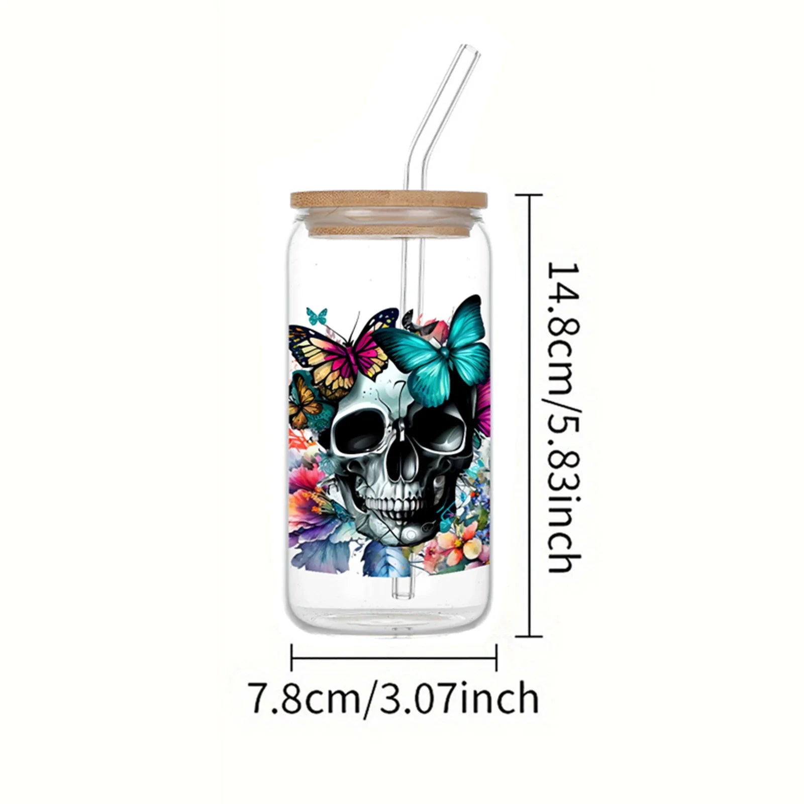 Cravinc 16oz Butterfly Skull Glass with Bamboo Lid & Straw - Halloween Drinkware