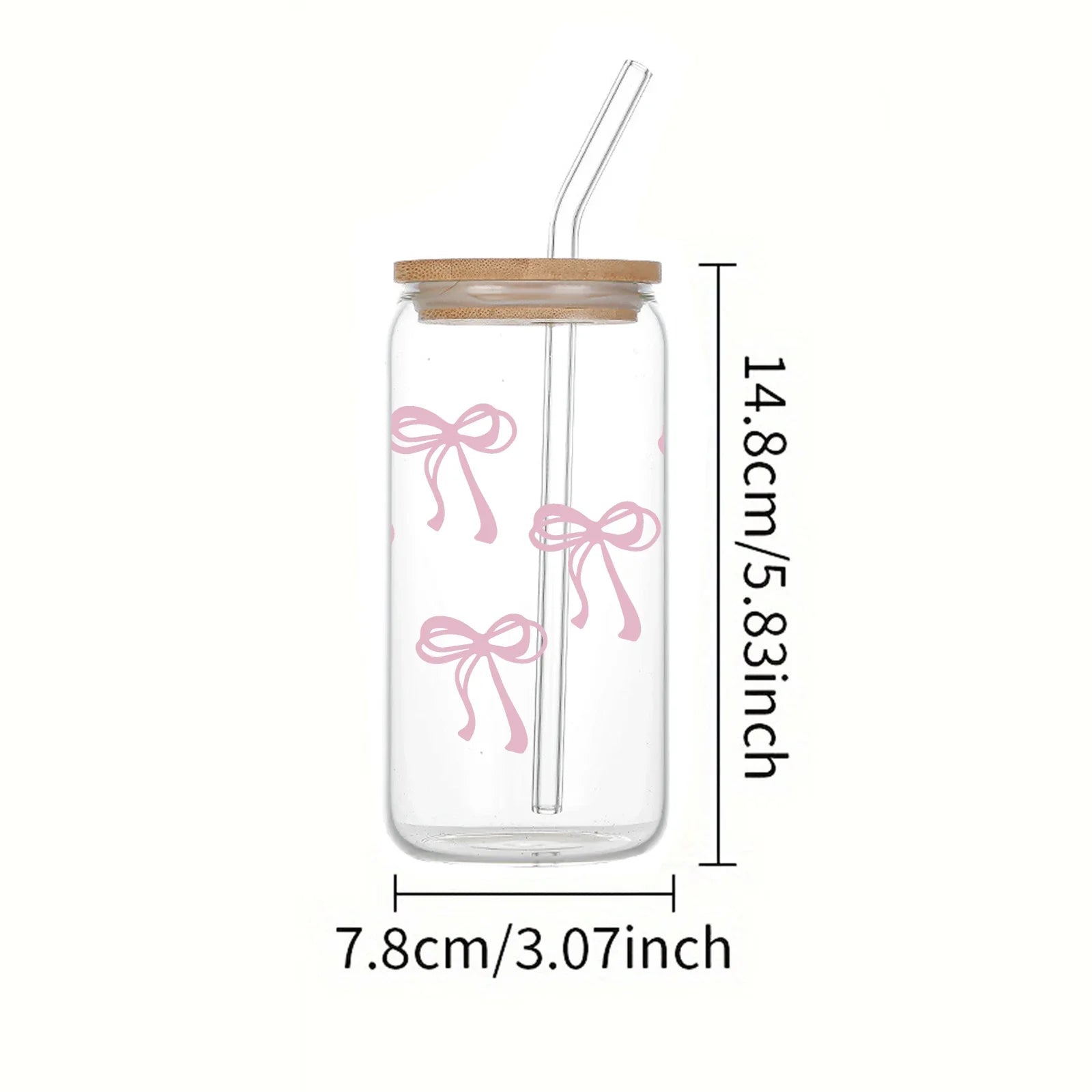 Cravinc 16oz Pink Bow Glass Bottle with Bamboo Lid & Straw